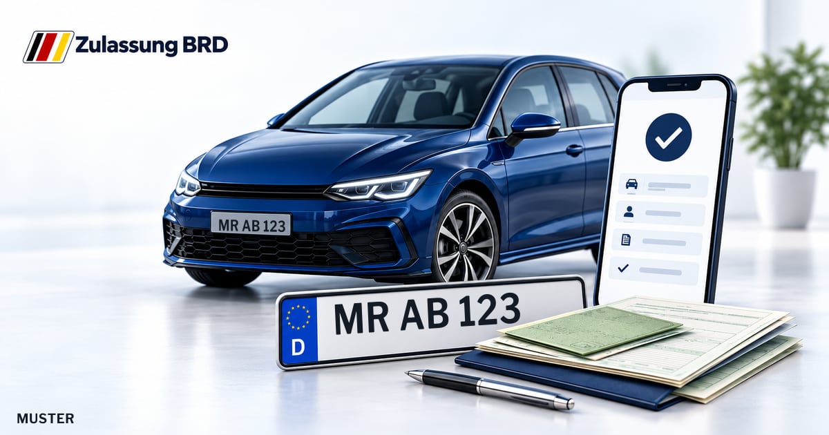 Online Fahrzeugzulassung in Bad Endbach: Musterkennzeichen MR AB 123, Auto und Fahrzeugpapiere und Smartphone. Illustration mit Logo von Zulassung BRD.